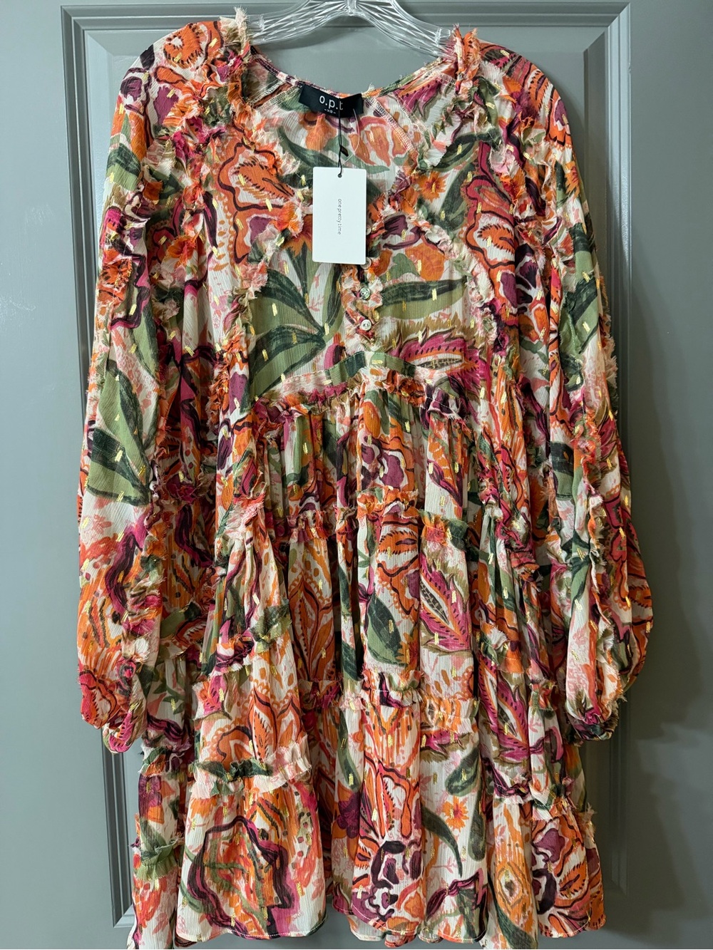 NWT o.p.t Multicolor Floral Tiered Long-Sleeve Dress - Orange & Green
